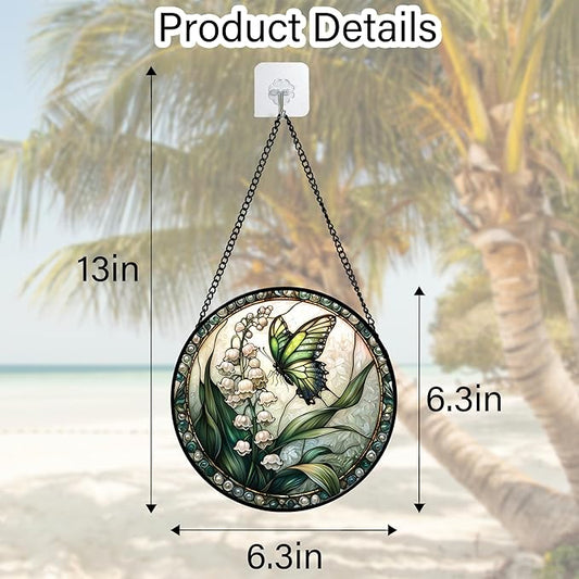 Stained Glass Window Hanging, Lily of The Valley Flower Butterfly Suncatcher for Doors Home Sun Catchers Decoration and Christmas, Mother's Day Birthday Gifts for Women, Men, Mom 6.3 in