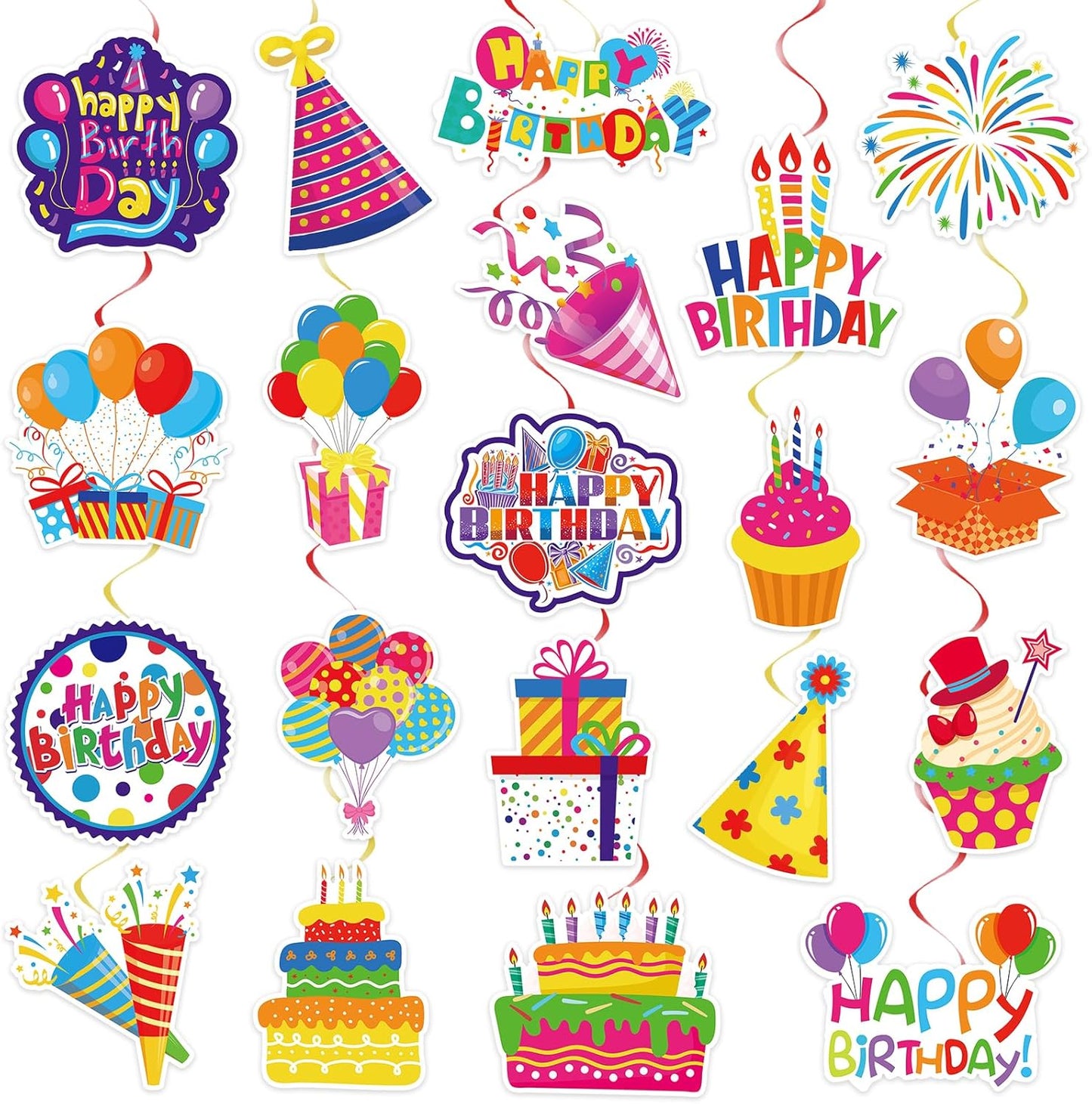 40Pcs Birthday Hanging Swirls, Colorful Cupcake Balloon Sign Swirl Decor Birthday Ceiling Decorations Happy Birthday Hanging Swirl Decorations for Baby Shower Birthday Party Supplies