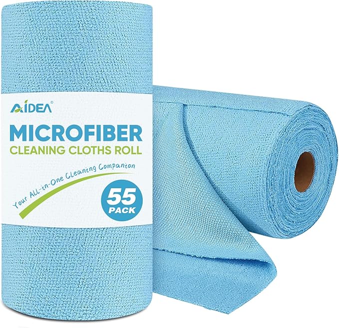 AIDEA Microfiber Cleaning Cloth Roll, Blue Shop Towels 55 Sheets Washable, Microfiber Towels for Cars, Blue Rags Reusable Paper Towel for Automotive, Workshop, House, Kitchen, Cleaning Supplies11×9"