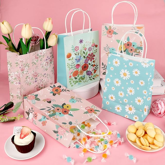 Konsait 16 Pack Floral Gift Bags, Pink and Blue Wildflower Goodie Bags with Handle, Paper Flower Bag for Birthday Anniversary Mothers Day Gathering Greeting and More