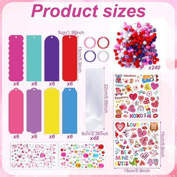 Frienda 48 Sets Valentine DIY Bookmarks Craft Kit Valentine Decorations Art Sets Blank Foam with Smile Face Hearts Owl Alphabets Stickers Pom-poms for Activity Reading Gift Exchange