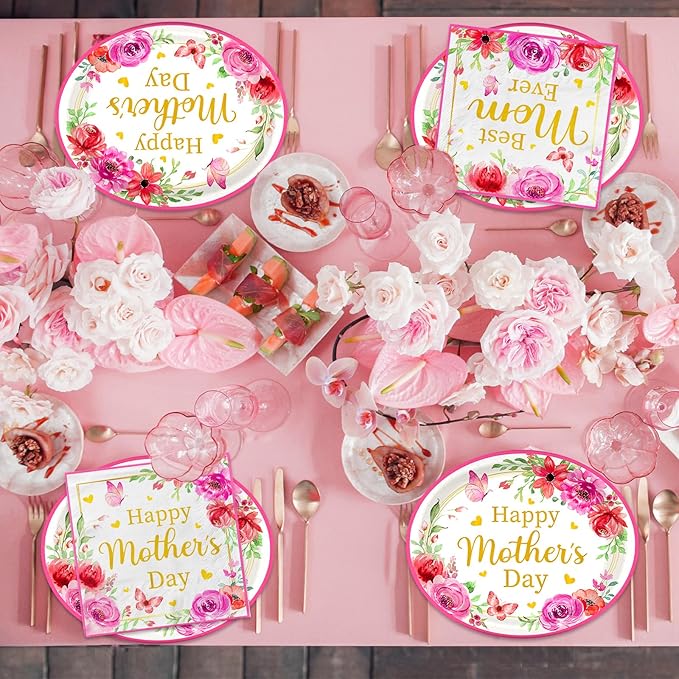 Mothers Day Party Decorations,100pcs Oval Mother's Day Plates and Napkins Floral Disposable Mother Day Tableware Set for Happy Mothers Day Party Supplies,Serve 50