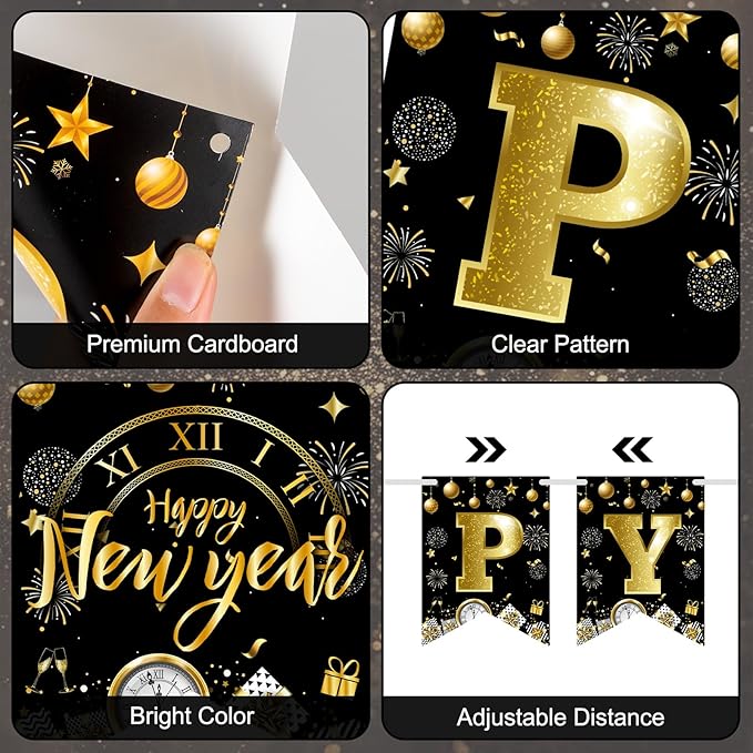 Happy New Years Eve Decorations 2026 - Black Gold Happy New Year Banner, New Years Sign Bunting Banner Garland for 2026 New Year Party Supplies, Home Office Fireplace Wall Decorations Favors Props