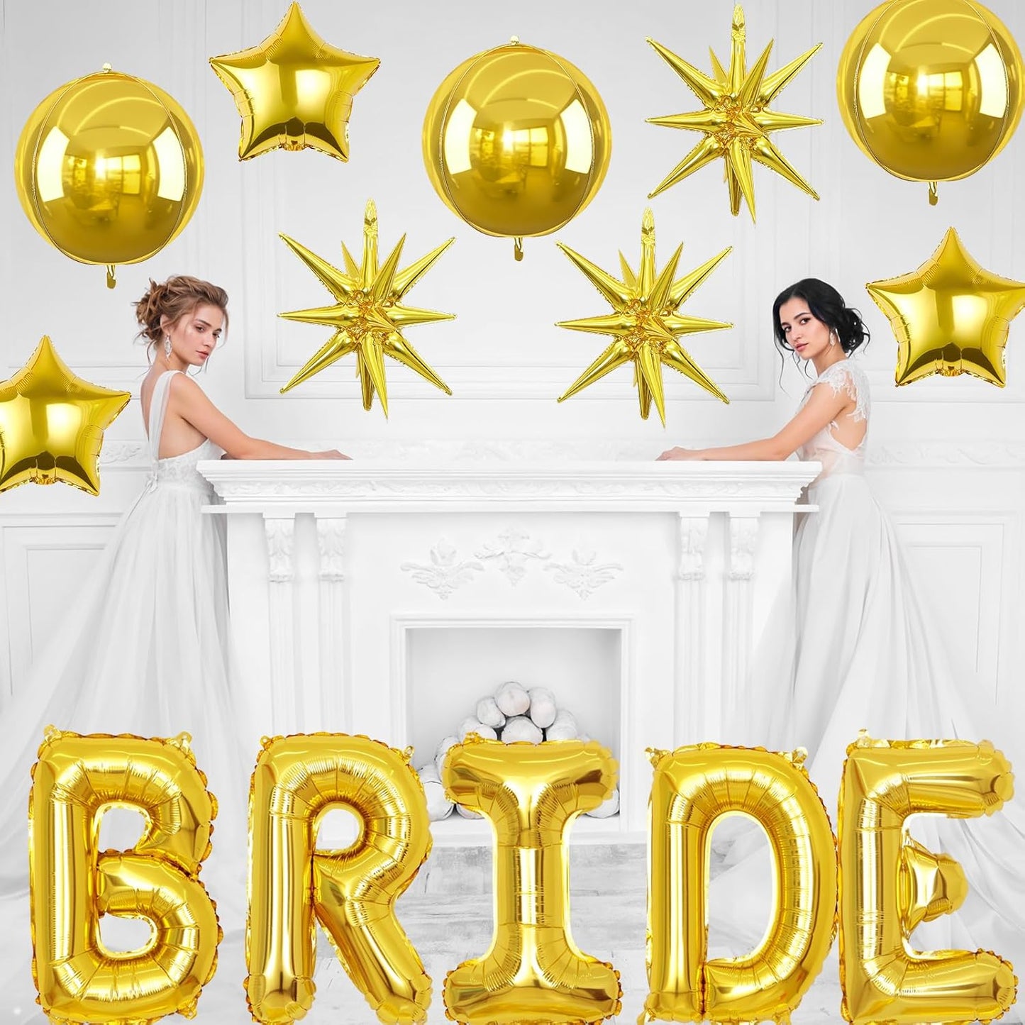 Gold Bride Balloons Bachelorette Party Decorations, 32in Gold Giant Bride Balloons with 4D Disco Ball Balloon and Star Foil Balloon for Bridal Shower Wedding Engagement Party Supplies