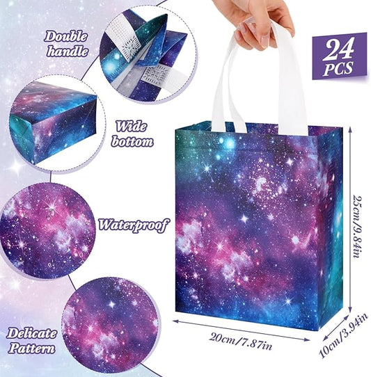 Supervitae 24 Pack Galaxy Party Gift Bags Medium Outer Space Print Party Decoration Supplies Reusable Non Woven Totes for Solar System Planet Birthday Baby Shower Favor(9.8" x 7.9" x 3.9")