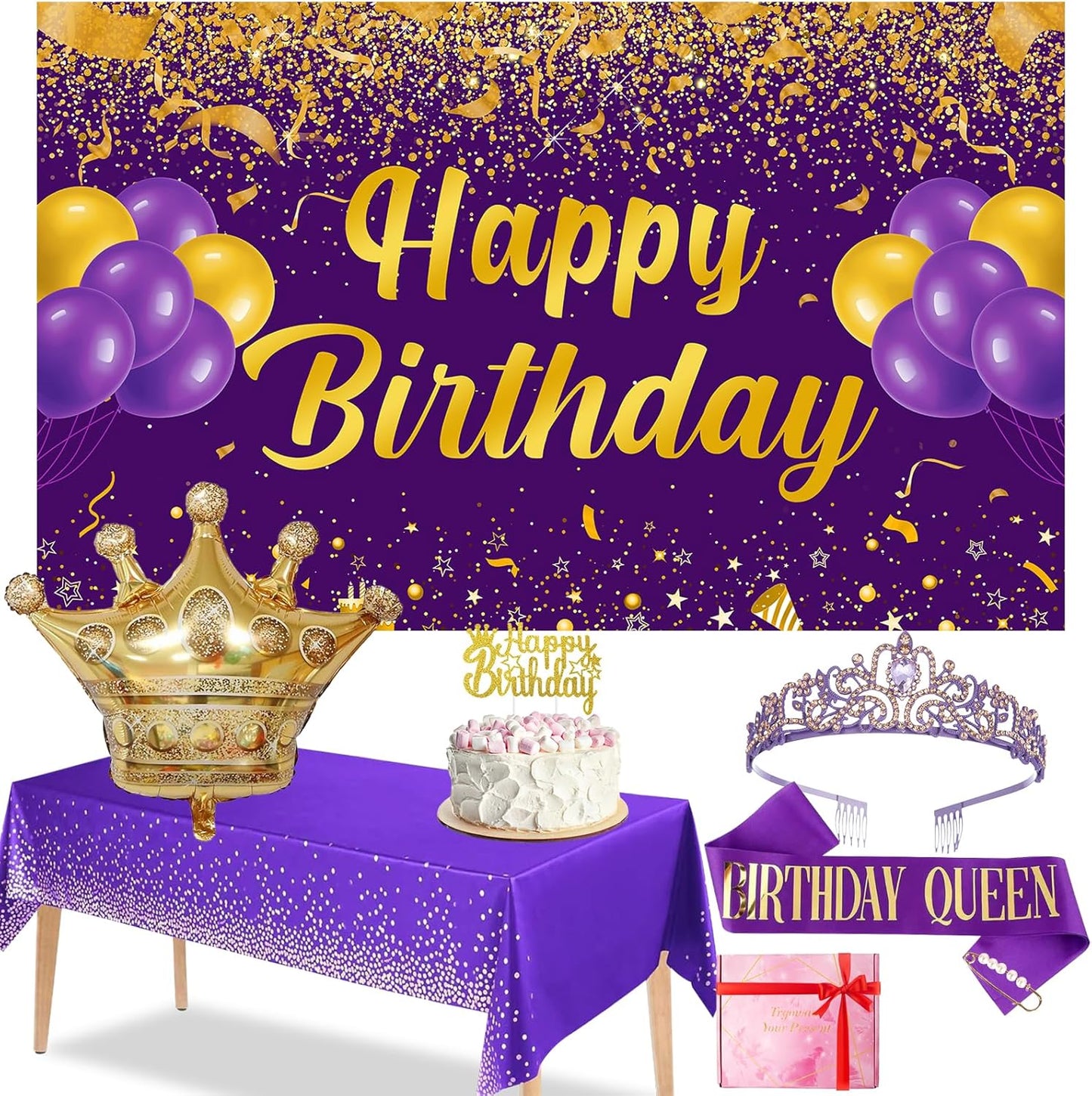 Trgowaul Purple Gold Birthday Party Set for Women & Girls - Happy Birthday Banner, Tiara, Cake Topper, Tablecloth & Party Favor Supplies