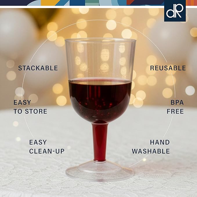 DecorRack 24 Wine Glasses, 6 Oz -BPA Free- Plastic Party Wine Cups, Perfect for Outdoor Parties, Weddings, Picnics, Stackable, Reusable, Disposable, Stemmed (Pack of 24)