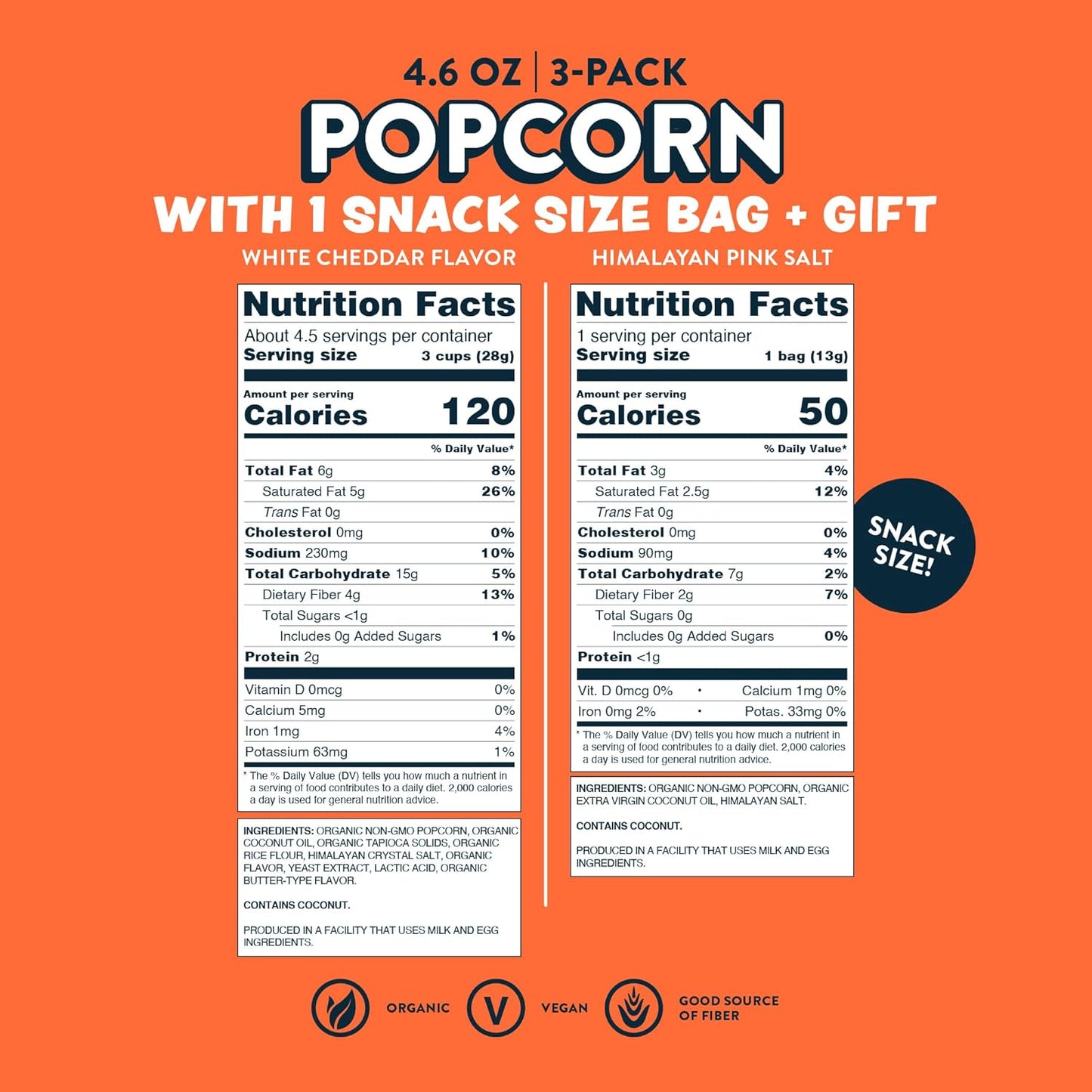 LesserEvil White Cheddar Flavor and Himalayan Pink Salt Organic Popcorn, Amazon Exclusive, Premium Quality, Minimally Processed, (3) 4.6oz White Cheddar Flavor Bags and (1) 50 Cal Himalayan Pink Salt Bag