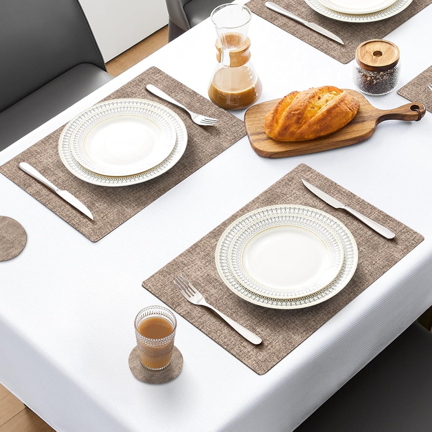 MOSAYT Placemats Set of 4, Heat Resistant Vinyl Place Mats with Coasters, 100% Waterproof Wipeable Washable Faux Leather Table Mats for Kitchen Dining Party Indoor Outdoor, 12" x 18", Khaki