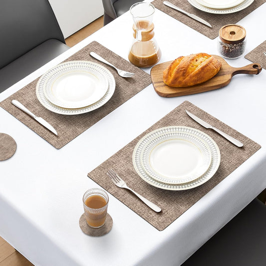 MOSAYT Faux Leather Placemats Set of 6, Heat Resistant Wipeable Washable Vinyl Place Mats with Coasters, Waterproof Oil Proof Table Mats for Kitchen Dining Party Indoor Outdoor, 12" x 18", Khaki