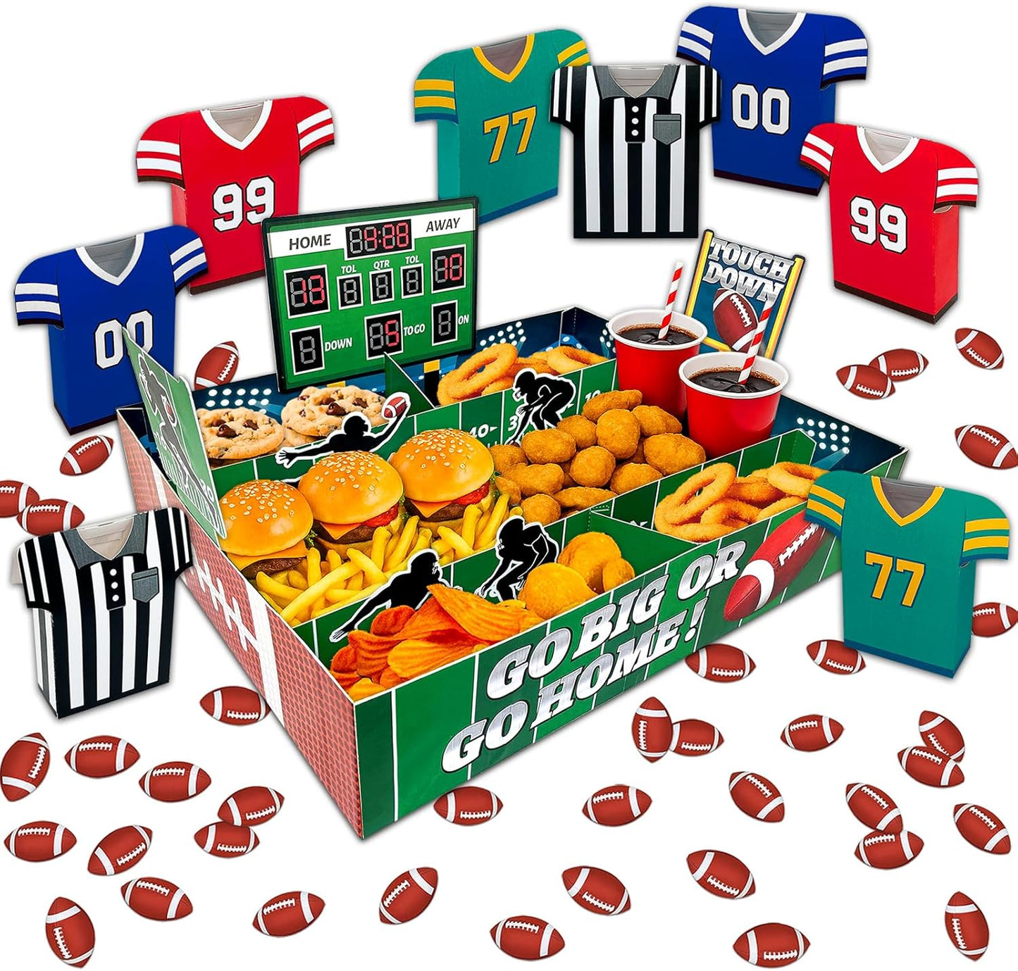 49-Piece Football Stadium Food Tray Kit – Paper Snack Boxes, Confetti and Large Stadium Tray for Game Day, Tailgate, Superbowl and Sports Party Supplies
