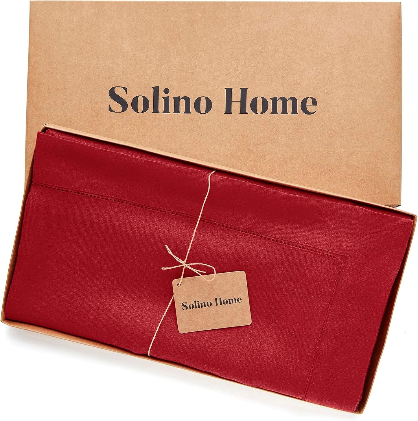 Solino Home Linen Tablecloth for Rectangle Tables 60 x 156 Inch - Classic Hemstitch 100% Pure Linen Red Table Cloth - Machine Washable Cloth Tablecloth for Christmas, Holiday
