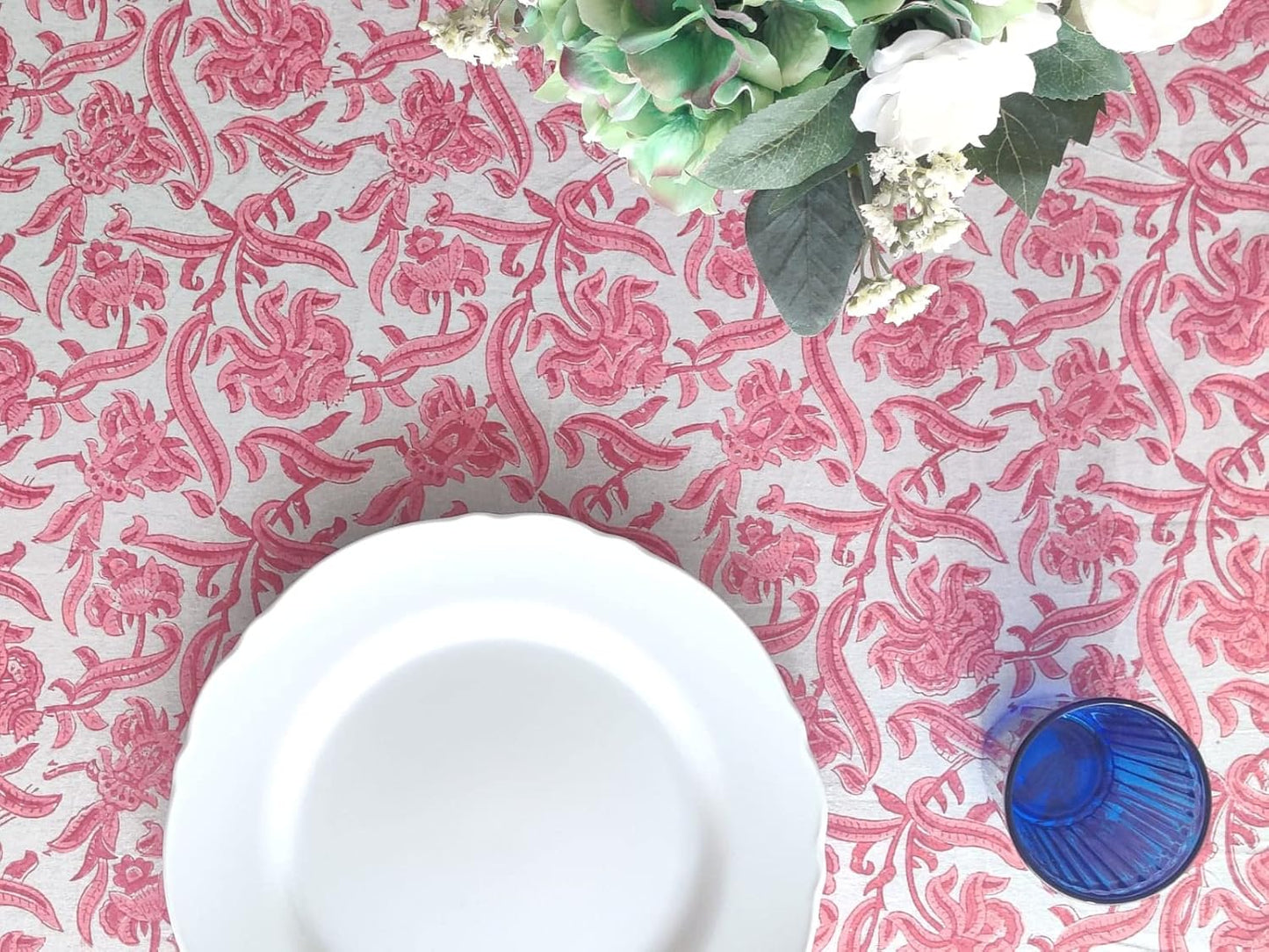 ATOSII Red Bloom 100% Cotton Tablecloth, Handblock Print Rectangle Table Cover for Kitchen Dining I Tabletop Linen I Parties, Wedding, Spring Summer Table Cloth 60 X 108 Inches