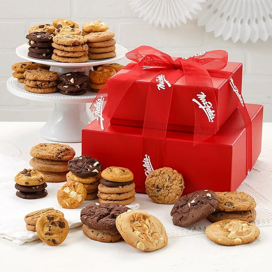 Mrs. Fields Crimson Personal Cookie Tower - Assorted with 10 Original Sized Cookies and 78 Nibblers Bite-Sized Cookies in our 5 Classic Flavors (88 Count)