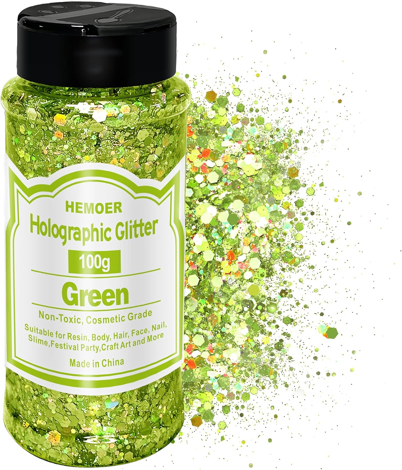 HEMOER Green Glitter, 100g/3.5oz Holographic Chunky Glitter Mixed Hexagon Chunky & Fine Flakes Iridescent Sequins for Epoxy Crafts, Resin, Nail Body, Tumblers, Party Decoration