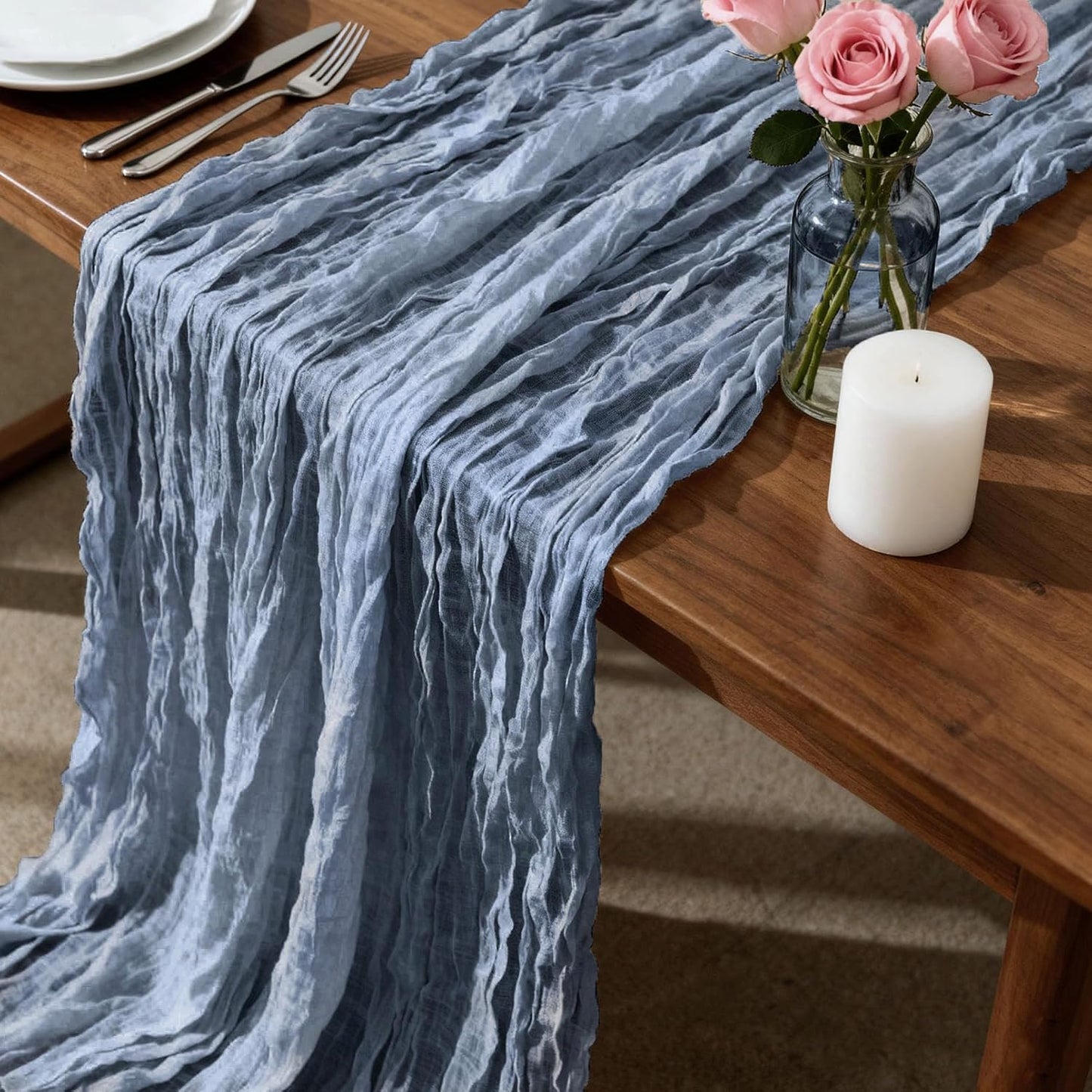 Gray Blue Cheesecloth Table Runner 12 Pack – 35 x 118 Inch Gauze Fabric Boho Table Runners for Wedding Arch, Rustic Bridal Shower, Baby Shower, Party Decorations, Farmhouse Home Decor
