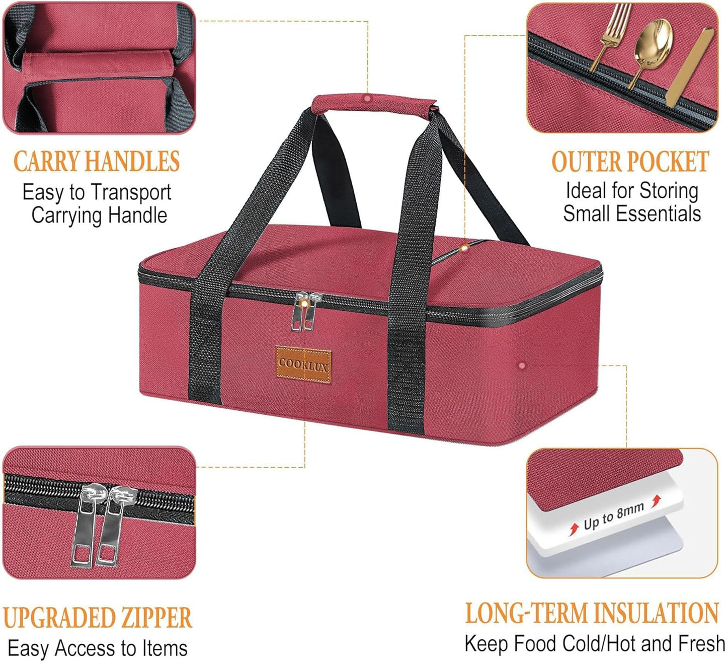 Burgundy Insulated Carrier for 9x13 Food, Perfect for Travel/Picnic/Party, Durable Nylon, Leak-Proof Single Layer