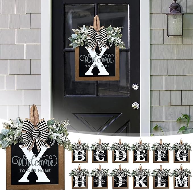 Last Name Year Round Front Door Wreath Front Porch Decoration 26 Letter Welcome Sign with Eucalyptus Garland and Bow Spring Wreaths for Front Door Outside Hanger Garland（X）