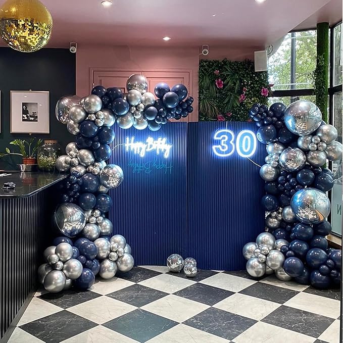 Blue and Silver Balloons Arch Garland Kit, 134pcs Navy Blue and Silver Balloons with Different Size for Birthday Party Baby Shower Graduation Class of 2025 Prom Decorations