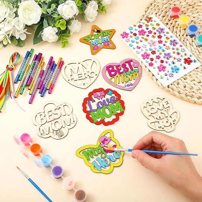 DoubleFill 30 Pack Mother's Day Wind Chime Kit Mom Crafts Make You Own Wind Chimes DIY Coloring Wooden Art and Craft Bulk for Mom's Birthday Gifts Party Decoration Hanging Ornaments