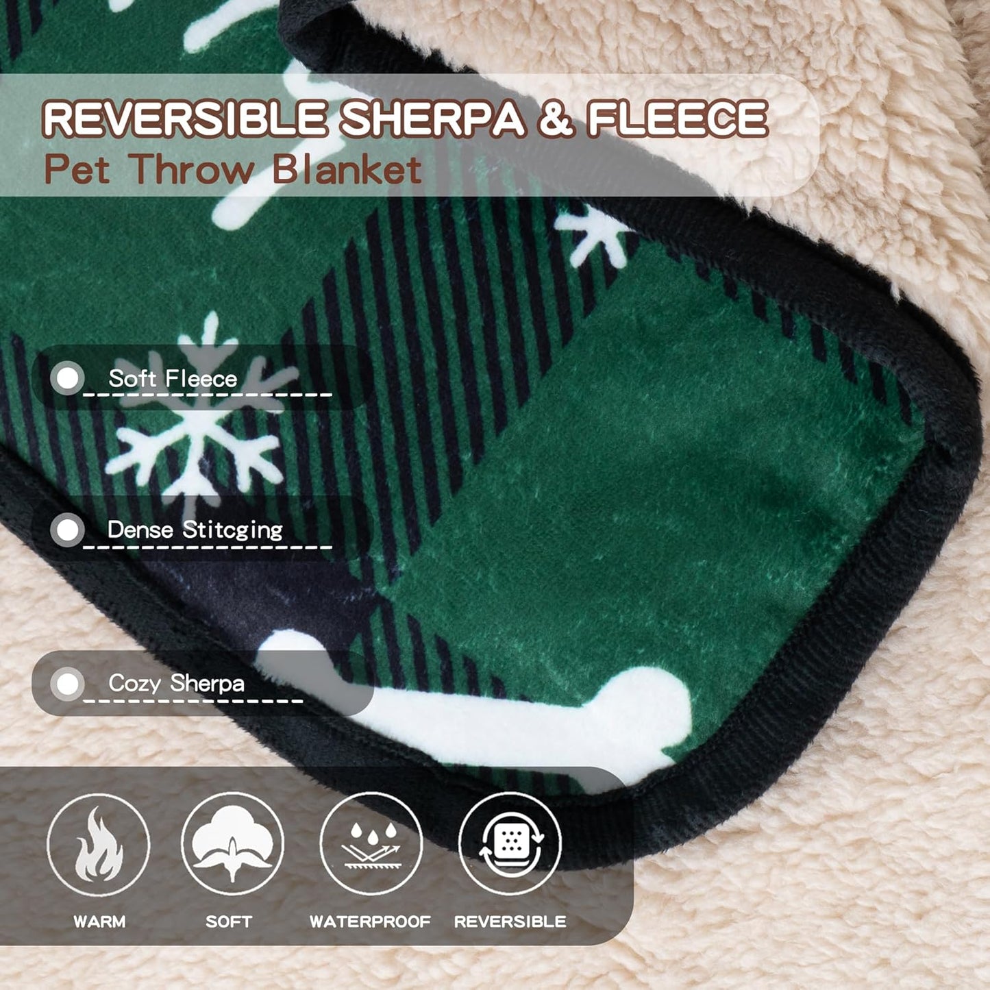Waterproof Dog Blankets Pet Blanket 60"x80", Soft Fluffy Sofa Car Bed Protector, Reversible Sherpa Fleece Dog Blanket for Large Dogs Christmas Decor (Christmas Green)