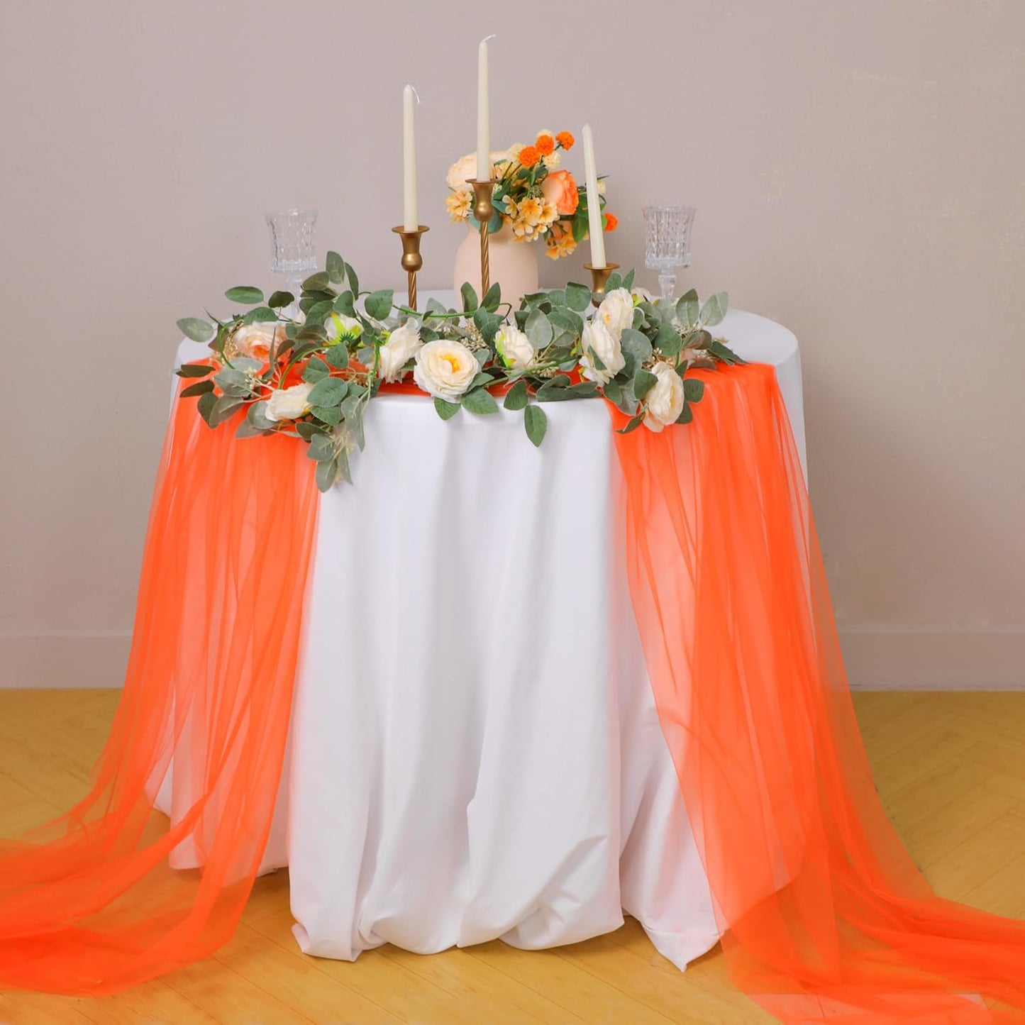 Snowkingdom Orange Fall Table Runner, Burnt Orange Gauze Sheer 10FT Long Tulle Thanksgiving Table Runners, Seasonal Autumn Harvest Cheese Cloth Decorations for Birthday Wedding Party 120inch