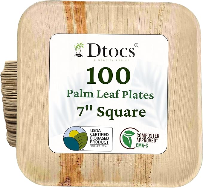 Dtocs Palm Leaf Plates Disposable 7" Square (100) | Compostable Dinnerware for Serving Desserts, Appetizer, Salad, Mini Charcuterie Boards for Camping, Wedding, Birthday | Sturdy than Paper Plates