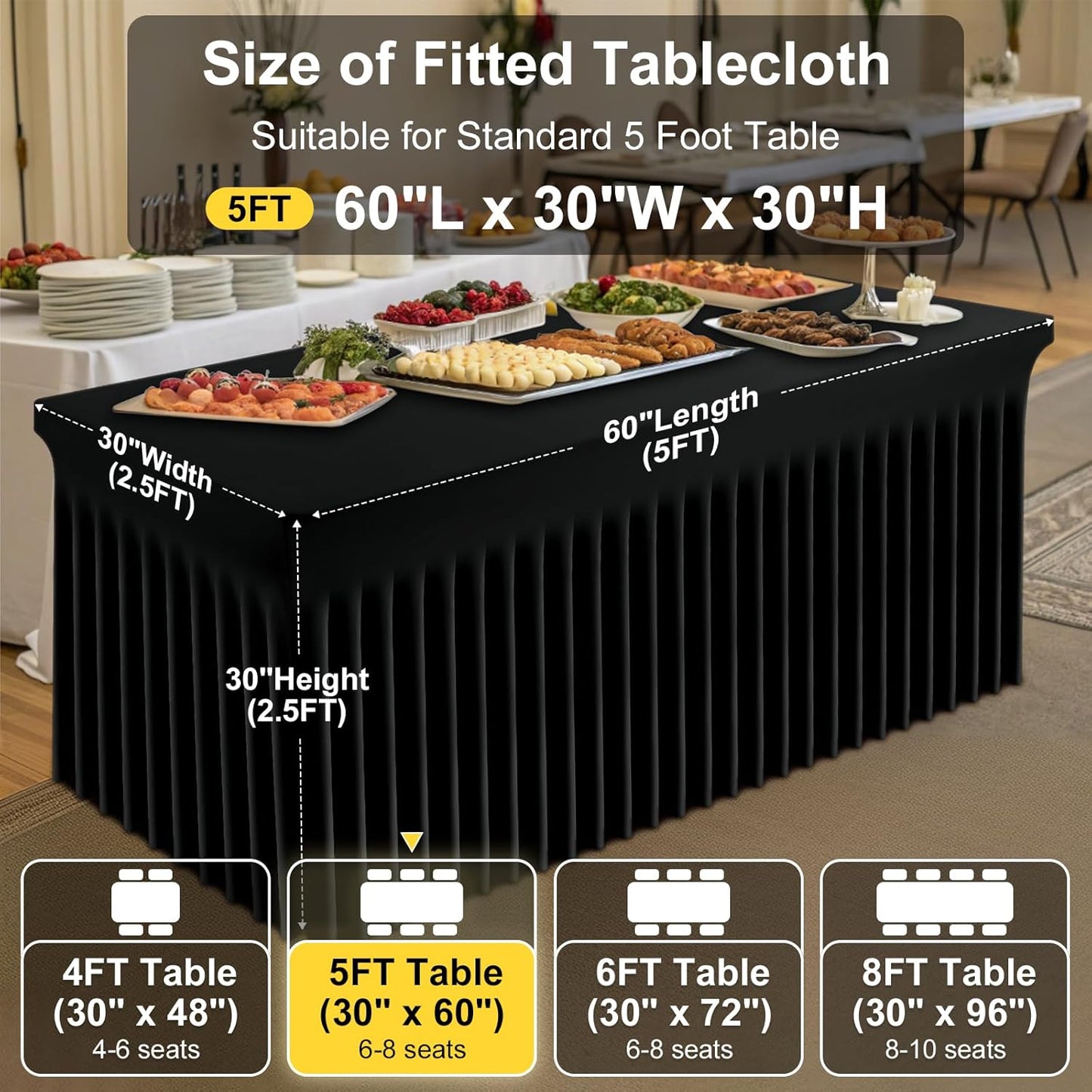 Smiry Spandex Tablecloth, Elastic Fitted Stretch Tablecloth for 5FT Rectangle Tables, Waterproof Washable Table Cover Skirt for Outdoor, Wedding, Banquet & Parties (Black, 60Lx30Wx30H Inch)
