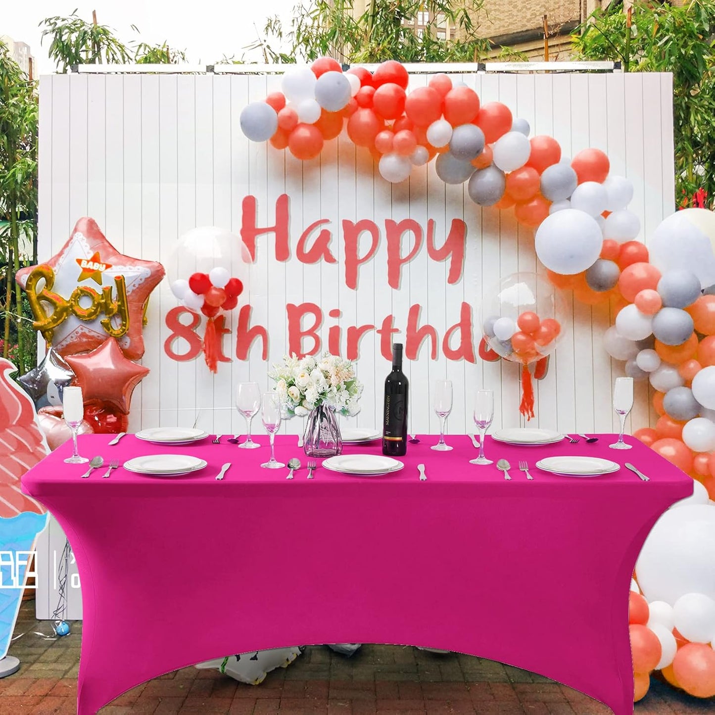 SuperO 2Pack Waterproof Spandex Table Cover for 8FT Table Universal Fitted Stretch Tablecloth for Party, Banquet, Wedding and Events-Fuchsia