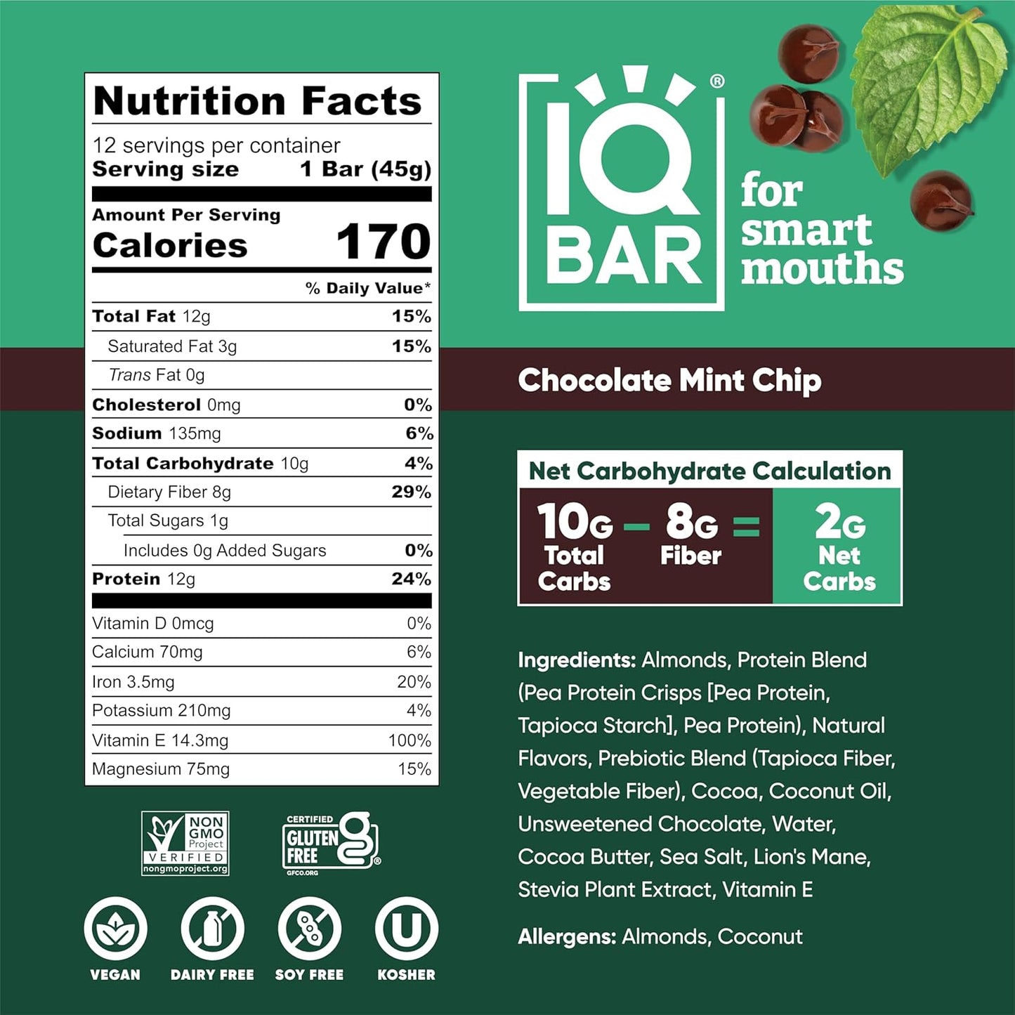 IQBAR Brain and Body Plant Protein Bars - Chocolate Mint Chip - 24-Count - Keto, Vegan, Low Carb, High Fiber, Gluten Free, Dairy Free, Low Sugar Snack with Nutrients for Focus, Energy, Meal Replacement