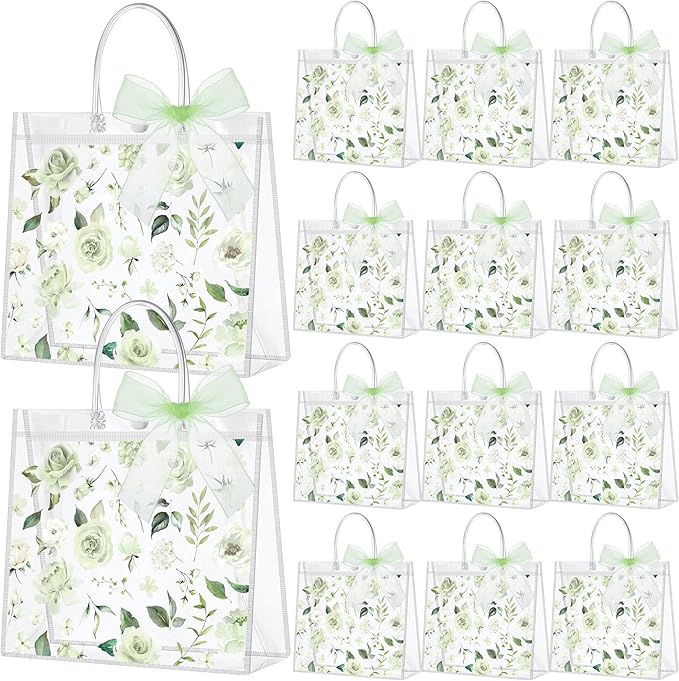 Wesnoy 24 Pcs Clear Floral Gift Bags with Handles Rose Green Flower PVC Treat Tote Bag for Tea Birthday Party Wedding Bridal Shower Bachelorette Anniversary Engagement Guests, 7.8 x 7.8 x 3.2 Inch