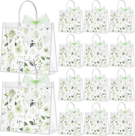 Wesnoy 24 Pcs Clear Floral Gift Bags with Handles Rose Green Flower PVC Treat Tote Bag for Tea Birthday Party Wedding Bridal Shower Bachelorette Anniversary Engagement Guests, 7.8 x 7.8 x 3.2 Inch