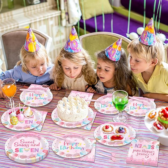 96 PCS Donut 7th Party Plates and Napkins CHristmas Donuts Party Tableware Supplies Sweet Sassy Seven Year Old Plates Napkins Decors Donuts Decorations for Kids Birthday Gatherings Decorations