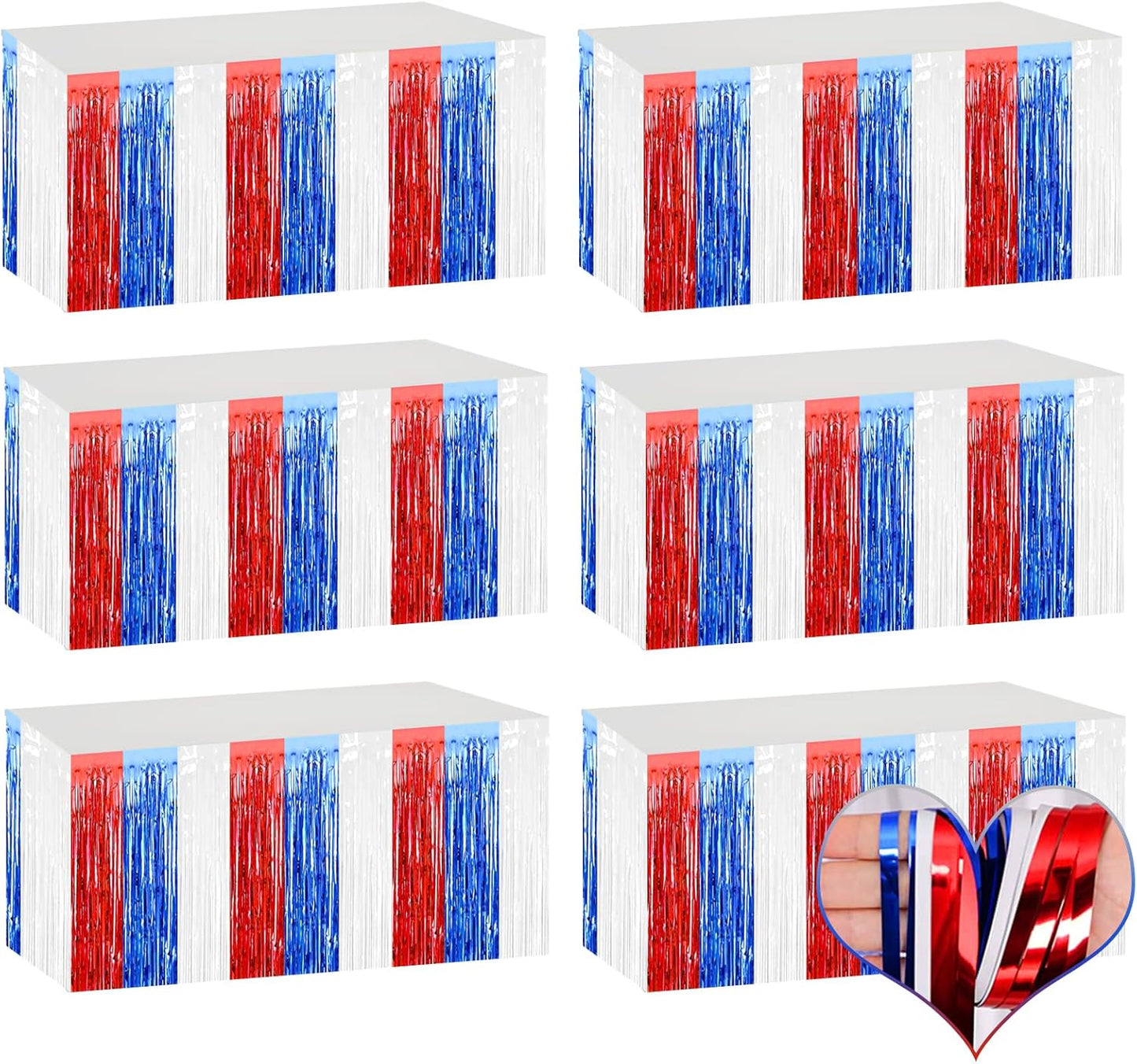 6 Pack 29x108 Inch Metallic Foil Fringe Table Skirts Banner for Tinsel Streamer Garland Curtains Backdrop for Parade Floats Wedding Birthday Independence Day Party Decorations(Red Blue White)