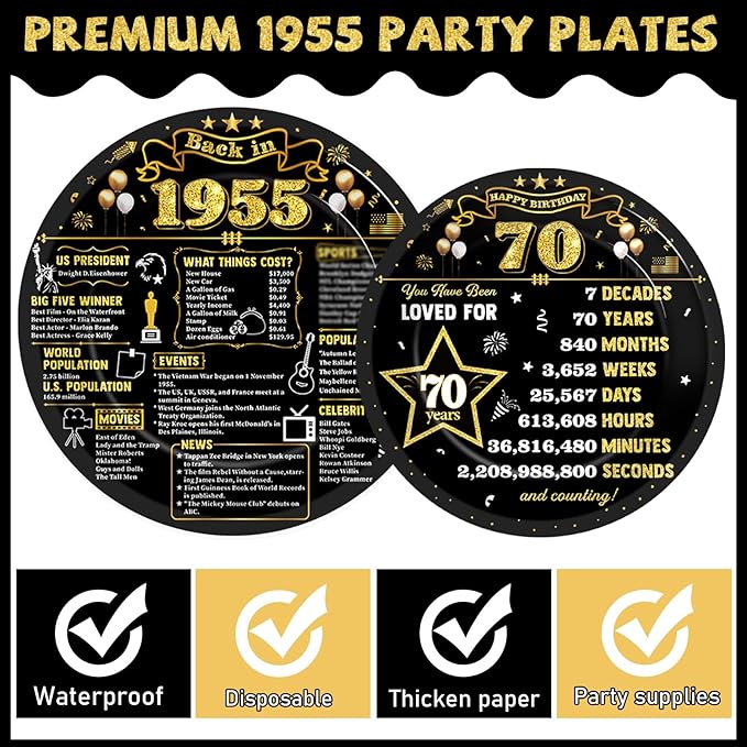 CHUNNIN 96Pcs 70th Birthday Plates and Napkins Back in 1955 Party Decorations Black Gold 70 Year Old Party Dessert Plates 1955 Tableware for 24 Guests 70th Theme Men Woman Birthday Supplies