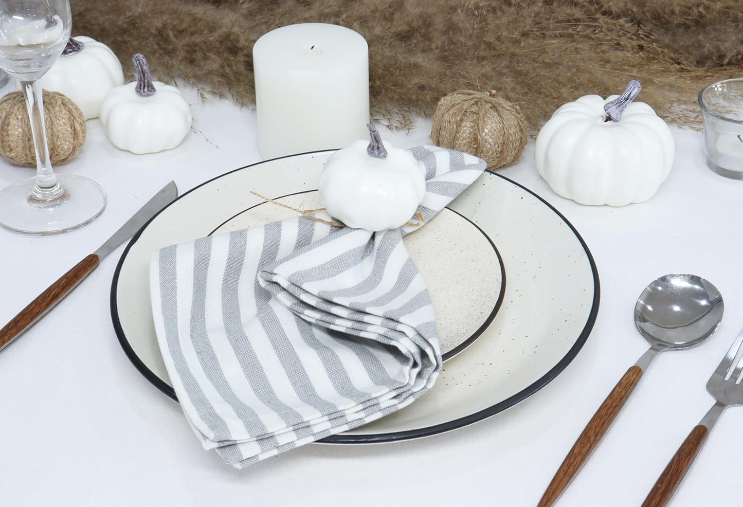 PurpleEssences Plain Striped Cloth Napkins - Set of 12-100% Cotton - 18 x 18 Inch - Fall Thanksgiving - Perfect Everyday Use Dinner Napkin - Gray and White