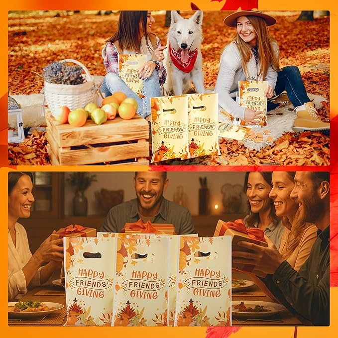 Supervitae 100 Pcs Happy Friendsgiving Plastic Gift Bags Bulk Thanksgiving Party Favor Bags with Handles for Fall Birthdays Weddings Snacks Goodie Candy Treat Party Favors Supplies