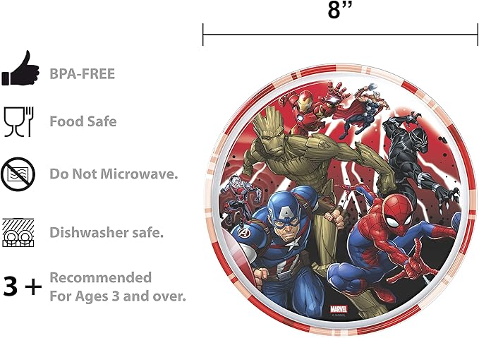 Zak Designs 5-Piece Dinnerware Set, Marvel Universe - Durable Plastic & Stainless Steel - Includes Water Bottle, 8-Inch Plate, 6-Inch Bowl, Fork & Spoon - Suitable for Kids Ages 3+