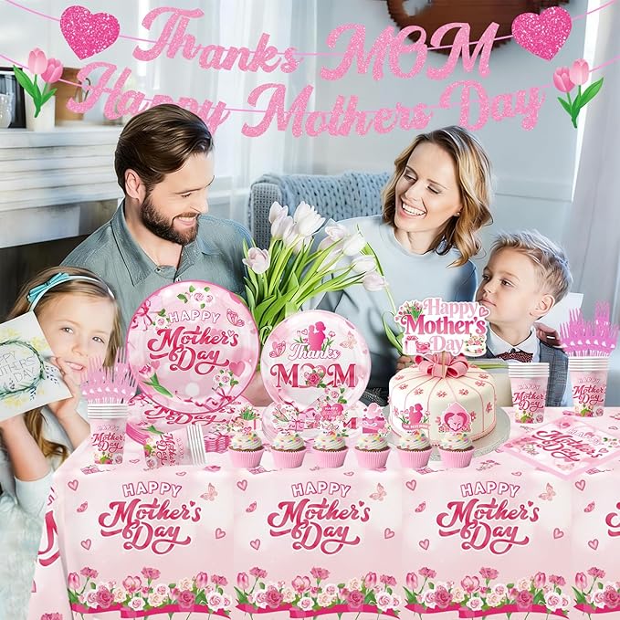 133Pcs Mothers Day Decorations, Happy Mothers Day Party Set with Plates, Napkins, Cups, Tablecloth, Banner, Balloons, Cake Topper, Cupcake Toppers for Mom Birthday Party, Serves 20 Guests