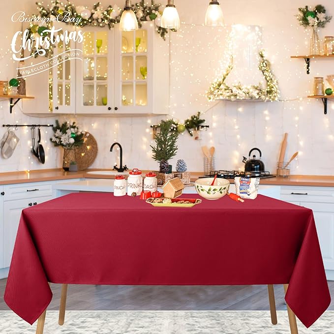 Biscaynebay Textured Fabric Christmas Rectangle Table Cloth 70x120 Inch, Red Water Resistant Tablecloths for Dining, Kitchen, Wedding and Parties, Machine Washable