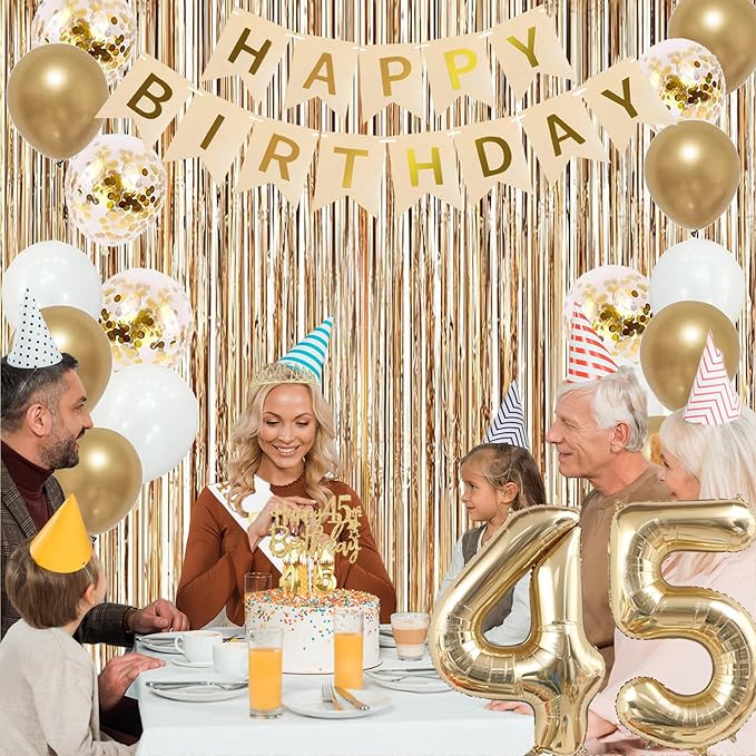 Trgowaul 45th Birthday Decorations for Women, Banner, Sash and Crown, Cake Topper, 45 Number Balloon, Fringe Curtains, Champagne Gold 45th Birthday Party Supplies