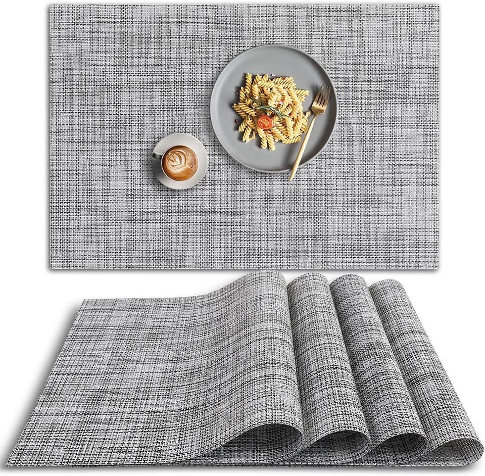 homEdge PVC Placemat, 4 PCS of Non-Slip Heat Resistant Place Mats, Washable Vinyl Placemats, Set of 4 – Gray