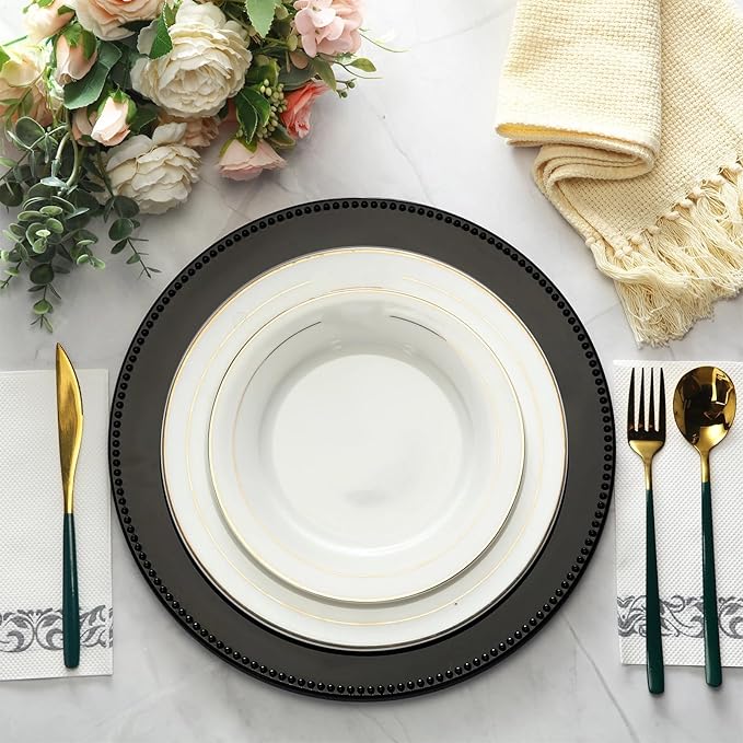 24 Pack Metallic Charger Plates 13inch Round Elegant Serving Plates Plastic Disposable Chargers Bulk Dinnerware Set for Dinner Wedding Party Events Catering Decoration(Black,Beaded Rim)