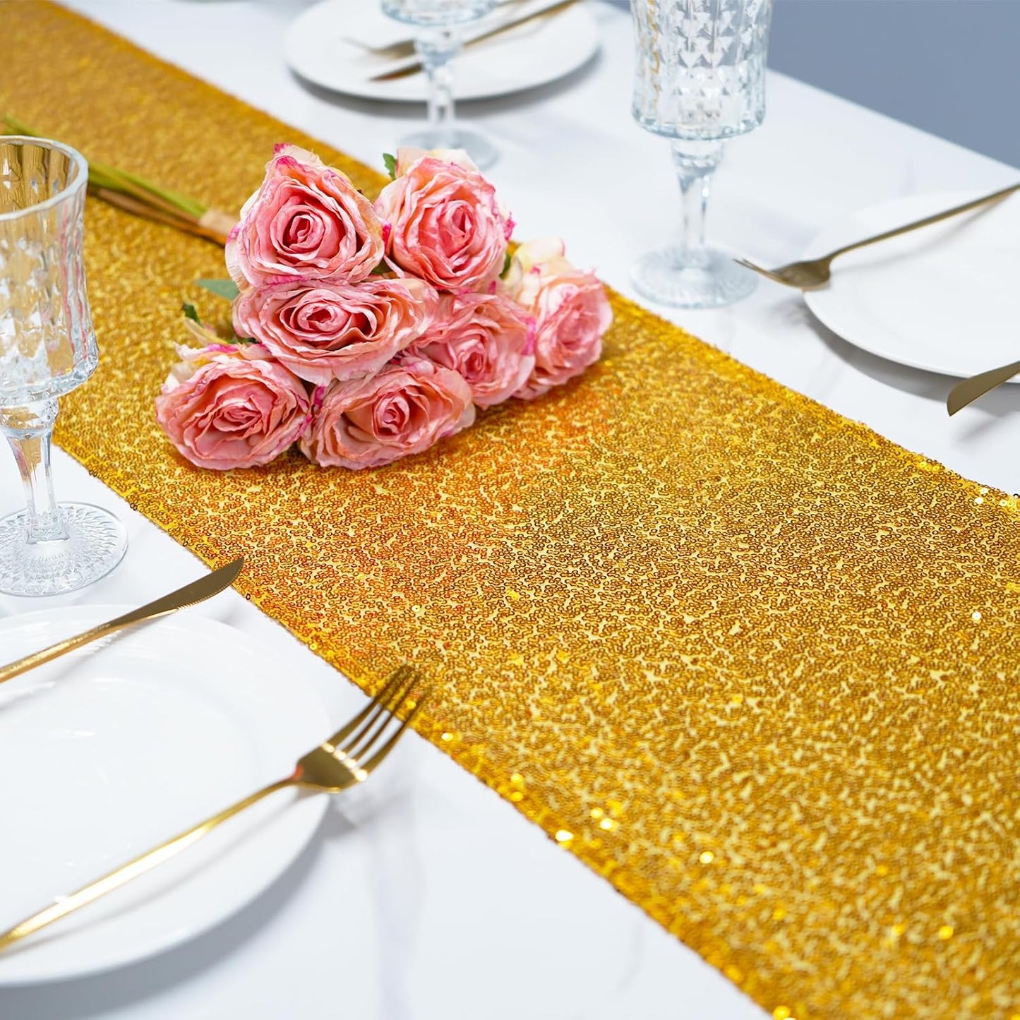 12x108 inch Gold Sequin Table Runner Sparkly Glitter Table Linens 6 Packs for Party Decorations Wedding Birthday Baby Shower Engagement Anniversary
