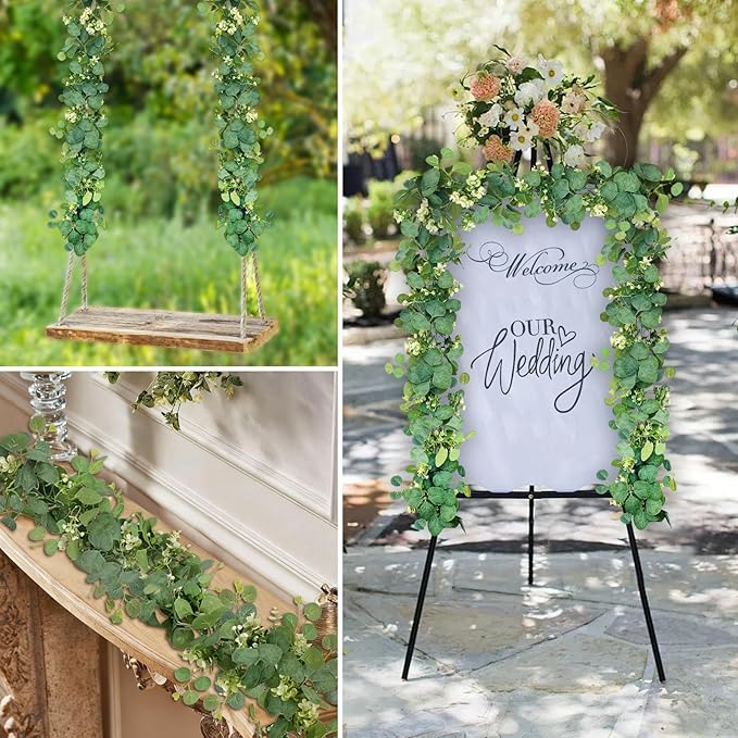 Artificial Eucalyptus Garland 5.9 Ft Faux Silk Leaf Silver Dollar Eucalyptus Leaves Vines Garland Greenery Wedding Backdrop Party Table Runner Room Mantle Indoor Outdoor Arch Wall Decoration (2PCS)