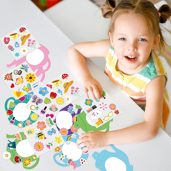 3sscha 40 Packs Tea Pot Shaped Craft Kit for Kids - Make Your Own Spring Flower Card DIY Picture Frame Self-Adhesive Sticker Handmade Artwork Decor Mother's Day Home Classroom Activity Party Favor