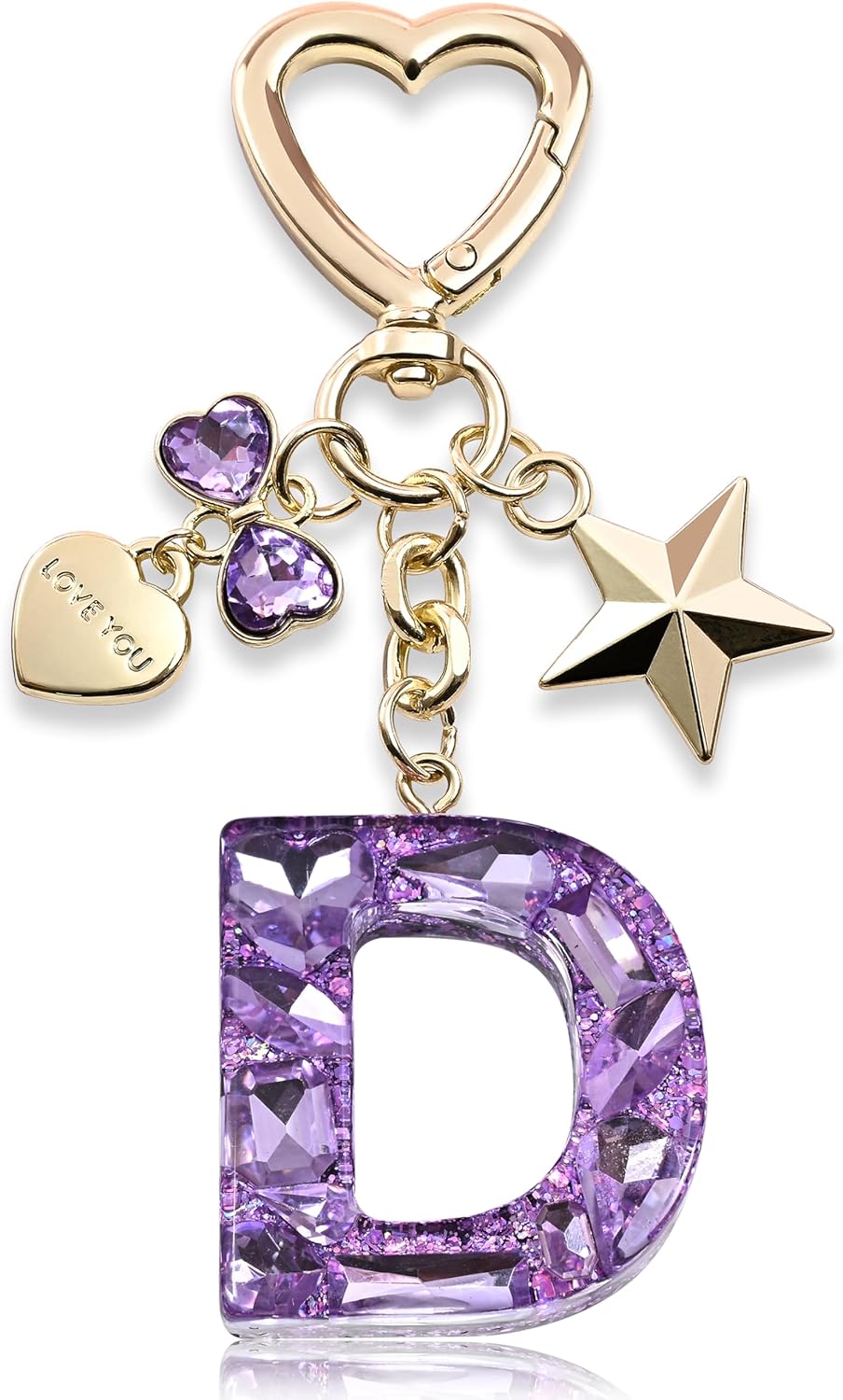 Cute Bling Keychain initial Letter Butterfly Star Pink Purple Gift for Women Girls Bag Cup Charms Accessories