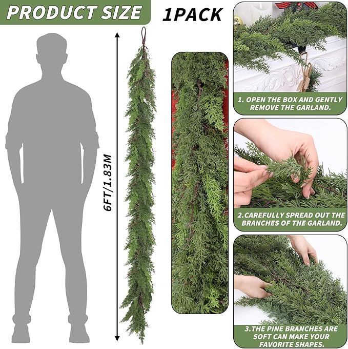 1 Pcs 6FT Christmas Cedar Garland Real Touch Christmas Garland Thick and Lush Christmas Garland Realistic Artificial Greenery Garland for Fireplace Holiday Indoor Outdoor
