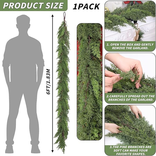 1 Pcs 6FT Christmas Cedar Garland Real Touch Christmas Garland Thick and Lush Christmas Garland Realistic Artificial Greenery Garland for Fireplace Holiday Indoor Outdoor
