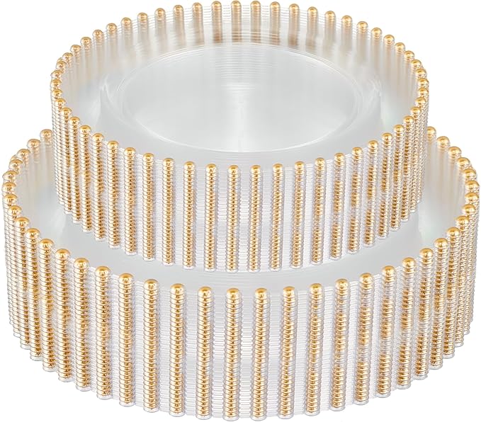 PLASTICPRO 64 Piece Combo Plastic Dinner Plates Disposable Plastic Fancy Heavy Duty Party Dishes 7 inch and 10 inch, Clear and Gold Beaded